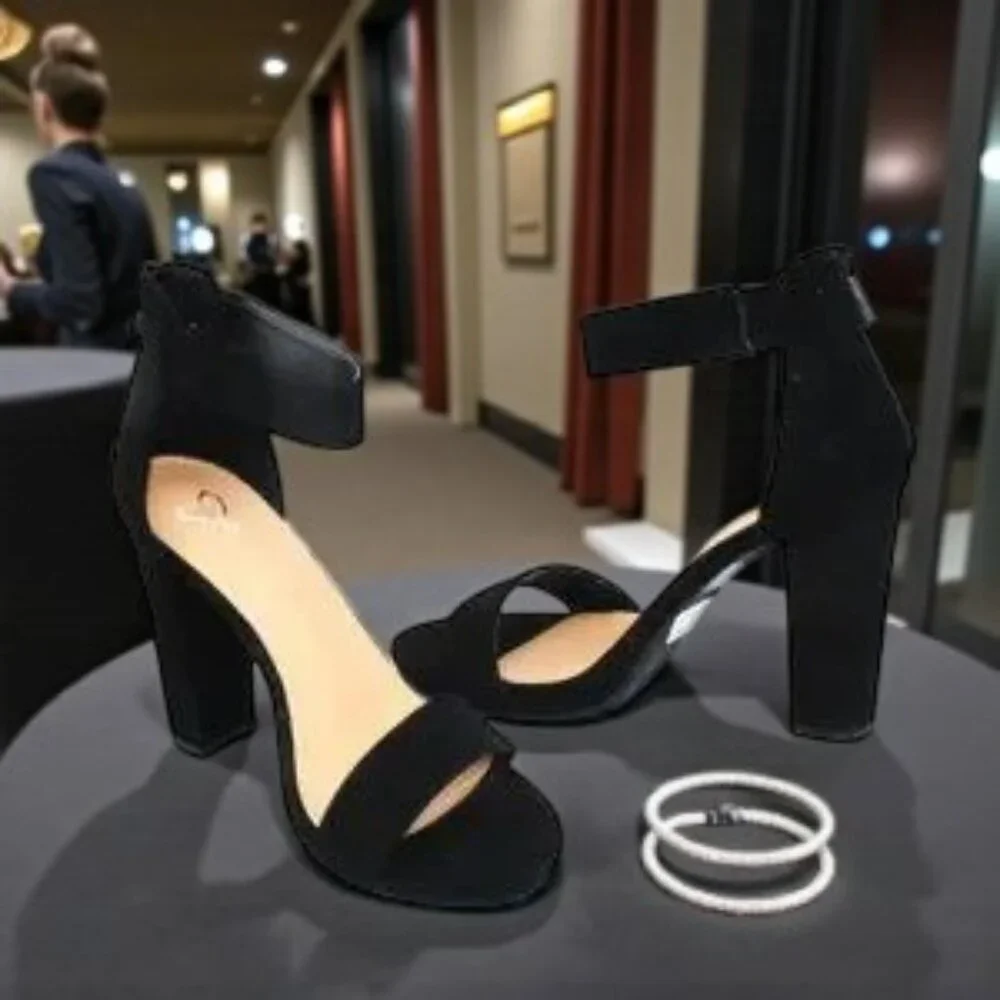 NWT Windsor Black Heeled Sandal Vegan Leather Black Chunky Heel - Picture 2 of 6